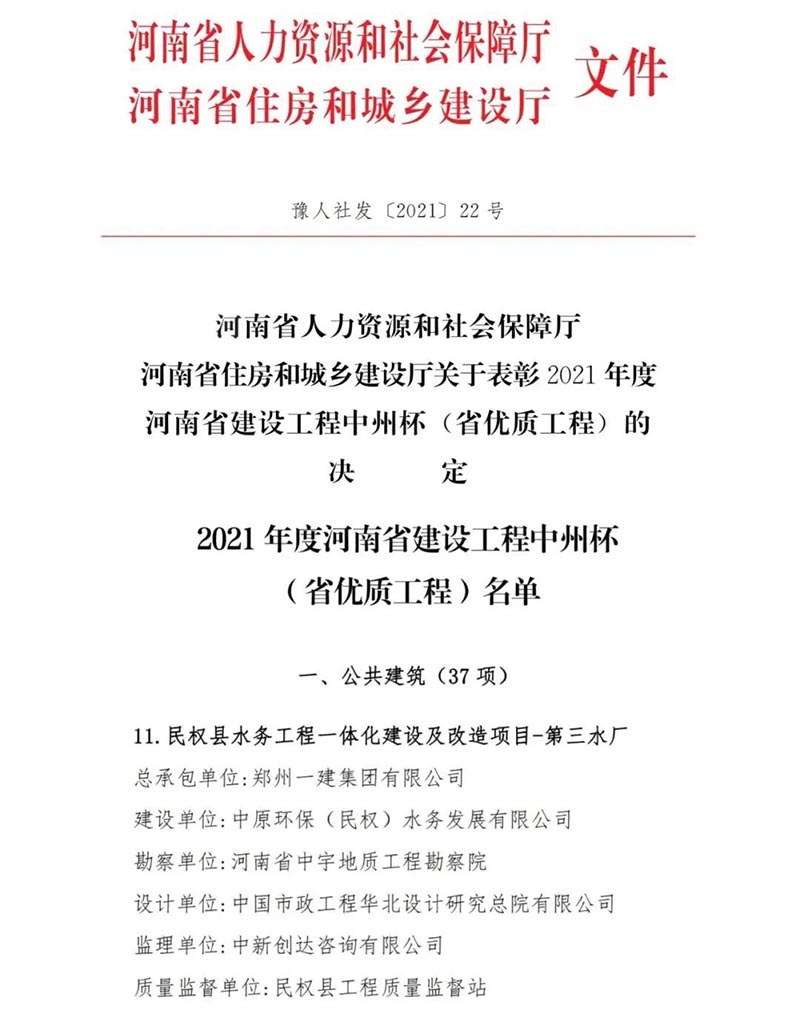 祝贺：民权县住建局工程质量监督部门监管的中原环保水务一体化项目荣获河南省建设工程中州杯（省优质工程）等