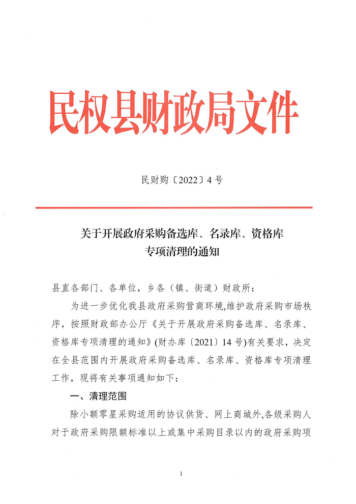 关于开展政府采购备选库、名录库、资格库专项清理的通知