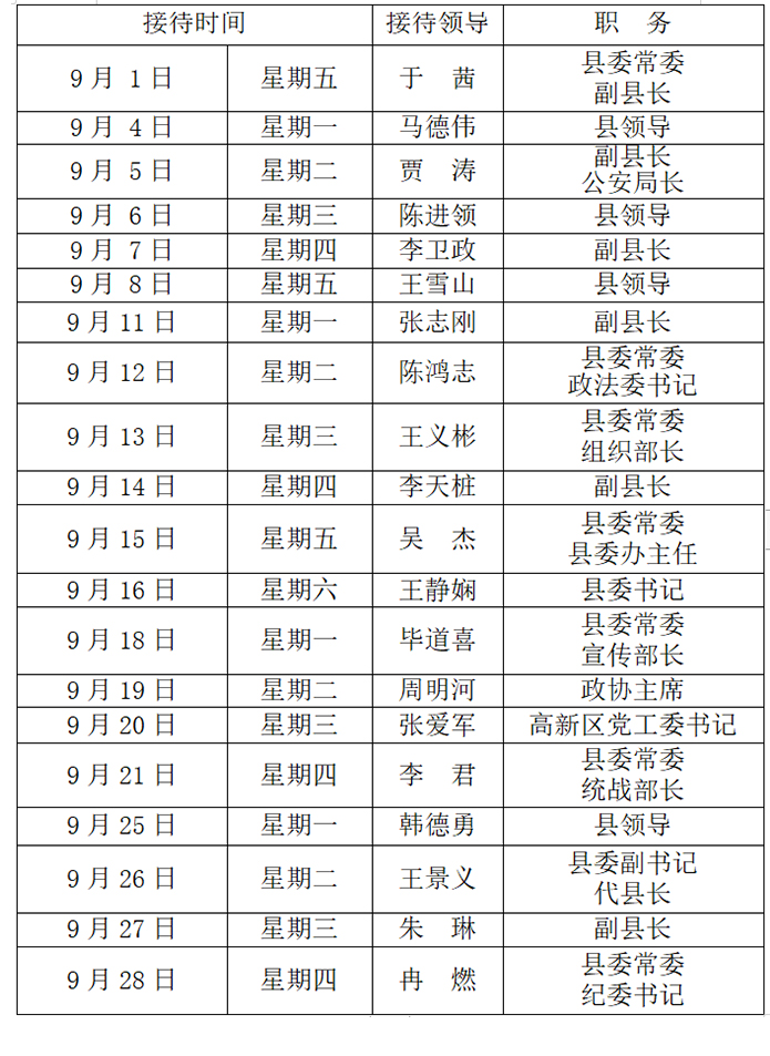  2023年9月份县四大家领导接待群众日程表