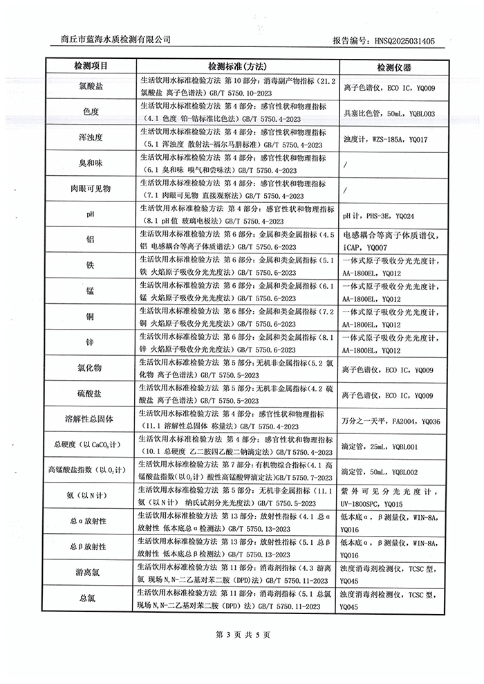 水务公司三月份水质检测报告
