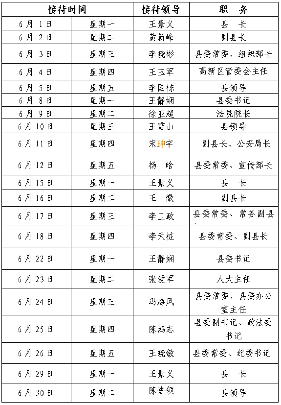 2026年6月份县四大家领导接待群众日程表