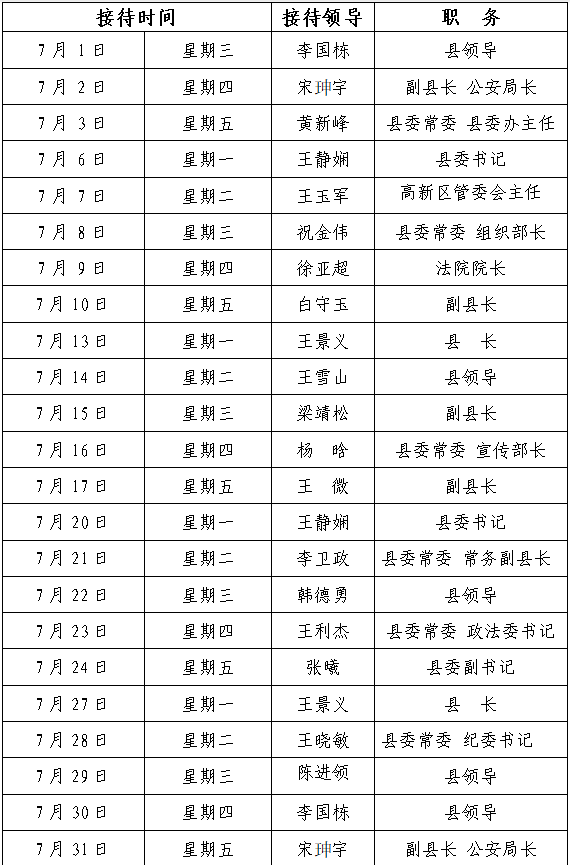  2026年7月份县四大家领导接待群众日程表